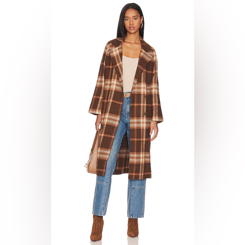 SPELL “Basecamp” double breasted chocolate brown tan plaid trench coat jacket S